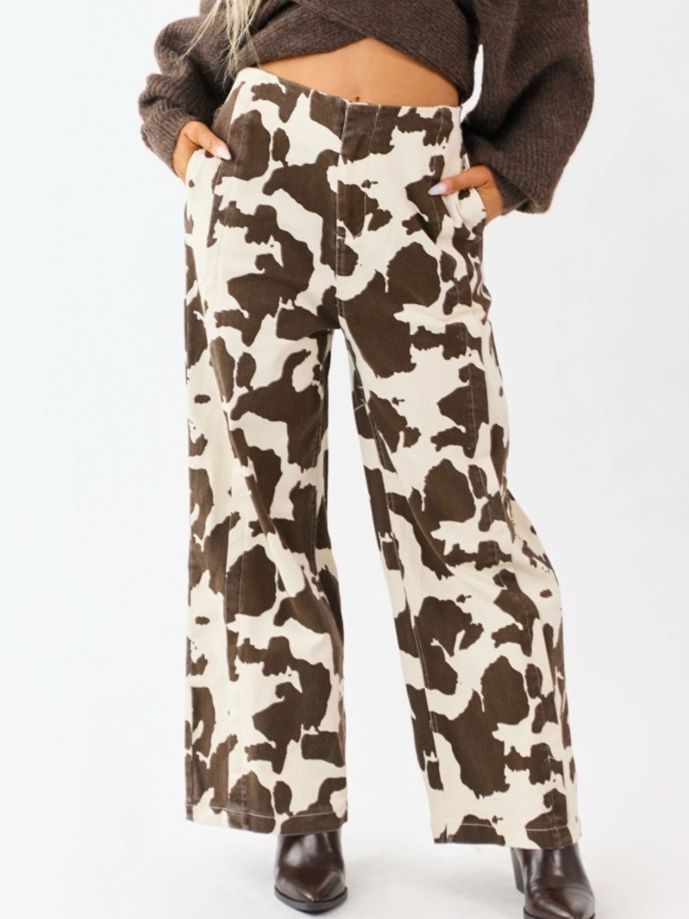 BOUTIQUE High Rise Wide Leg Cow Print Elastic Waist Pants